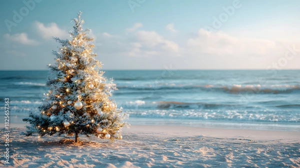 Obraz Charming Christmas tree decorated on a sandy beach with gentle waves in the background, featuring ample copy space for festive messages.
