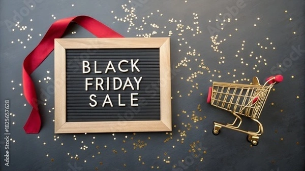 Fototapeta Black friday sale announcement with shopping cart and red ribbon