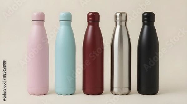 Obraz This image showcases a stylish lineup of five stainless steel insulated water bottles, perfectly arranged against a vibrant orange background. Each bottle features a sleek matte or metallic finish.