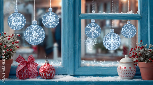 Fototapeta Charming winter-themed window banner with snowflakes, frosty patterns, and festive decorations, perfect for cozy seasonal decoration.