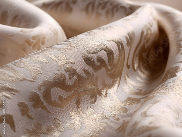 Obraz Close-up of elegant beige satin with intricate floral detailing, showcasing its smooth, luxurious texture and delicate patterns.