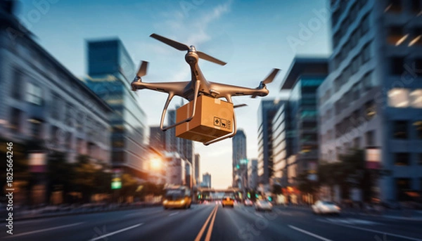 Fototapeta Drone Delivery in Urban Setting Fast and Efficient Package Transport.