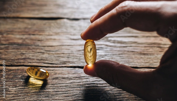 Fototapeta Hand holding a single omega3 fish oil capsule against a rustic wooden background with another capsule resting on the surface.