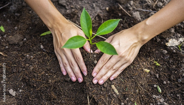Fototapeta Hands gently planting a small green seedling in rich dark soil symbolizing growth and environmental care.