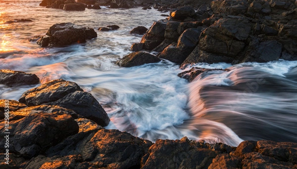 Fototapeta Long Exposure of Ocean Waves Crashing on a Rocky Shore at Sunset.