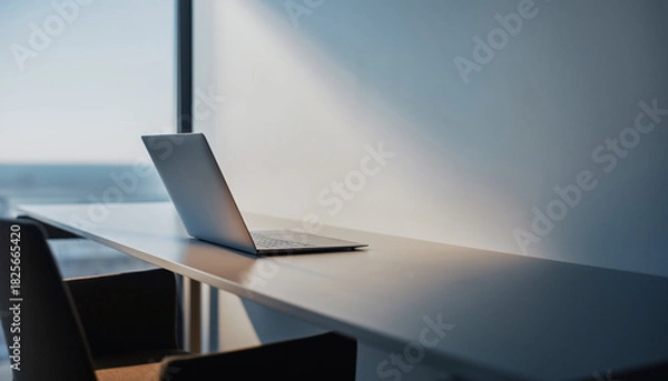 Fototapeta Laptop on a desk near a window with natural light.