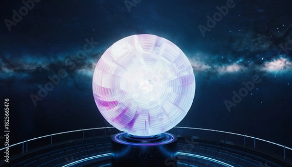 Fototapeta Luminous plasma energy sphere on a futuristic platform in space.