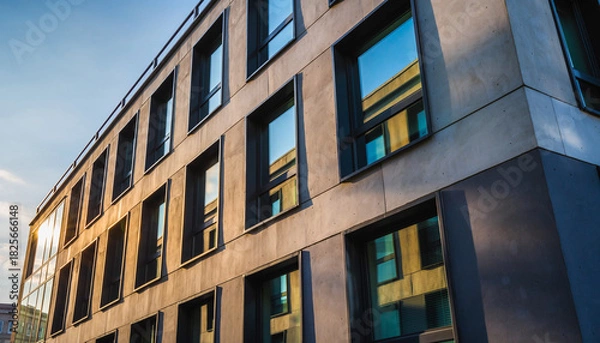 Fototapeta Modern architectural building with many windows under a blue sky.