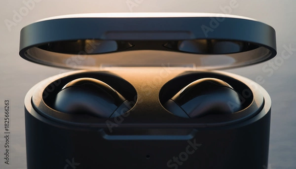 Fototapeta Modern black wireless earbuds resting inside an open charging case with warm backlighting.