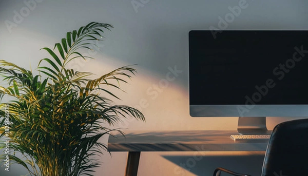 Fototapeta Office desk with computer and plant minimalist workspace.