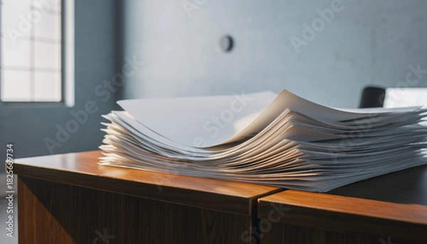 Fototapeta Stack of papers on a wooden desk in an office.