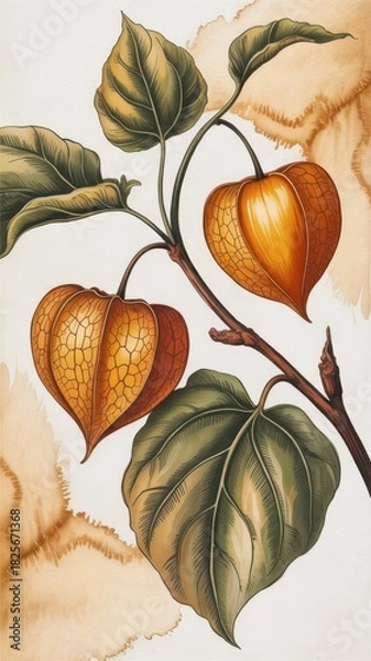 Obraz Botanical illustration featuring two physalis lanterns and green leaves on a branch artwork