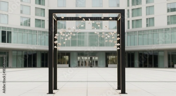 Fototapeta Elegant Eye-Level Shot: Ultra-Thin Black Matte Wedding Arch with Subtle Warm White LED Glow and Polished Silver Leaf Accents, Standing on a Light Stone Plaza. 