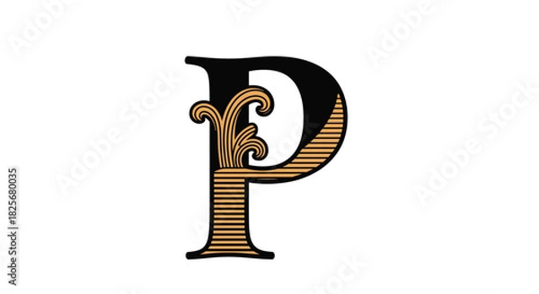 Fototapeta Stylish capital letter P with a sophisticated black and gold design, featuring elegant swirls and stripes for a classic, decorative look.