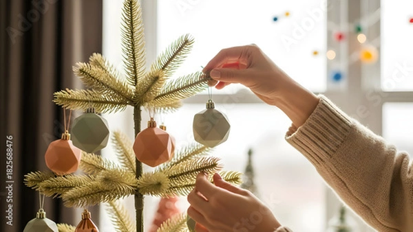 Fototapeta Person decorates a Christmas tree with geometric ornaments in a bright, cozy setting.