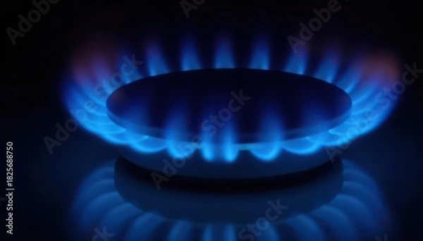 Fototapeta Close-up view of a blue gas burner flame against a black background, close up, kitchen
