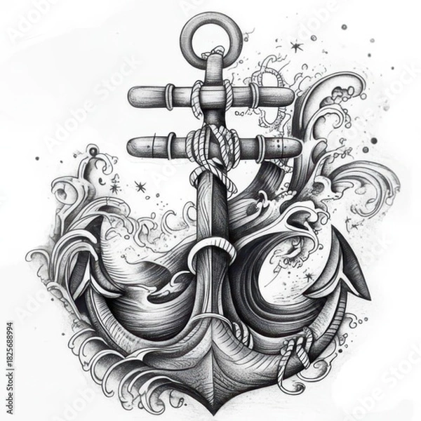 Obraz Detailed monochrome drawing of an anchor surrounded by stylized waves and rope on white paper