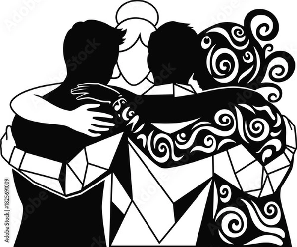 Obraz Friendship, unity, and diverse people group embrace in black and white stylized vector art, symbolizing teamwork, support, and inclusion