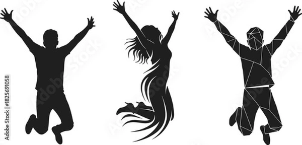 Obraz Silhouettes of joyous people jumping, celebrating success, freedom, and happiness in a dynamic, energetic, and expressive style, perfect for motivational concepts