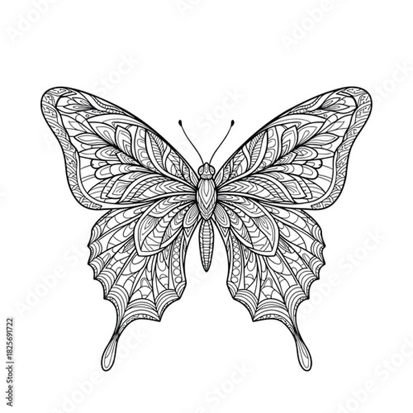Obraz Black and white ornamental butterfly illustration with detailed mandala-like patterns for creative coloring.