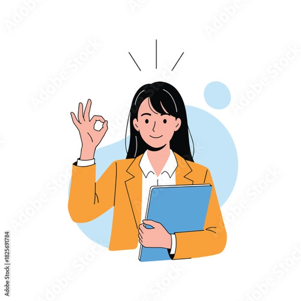 Obraz Confident businesswoman giving an 'okay' gesture while holding a folder, representing success, approval, and a positive attitude.