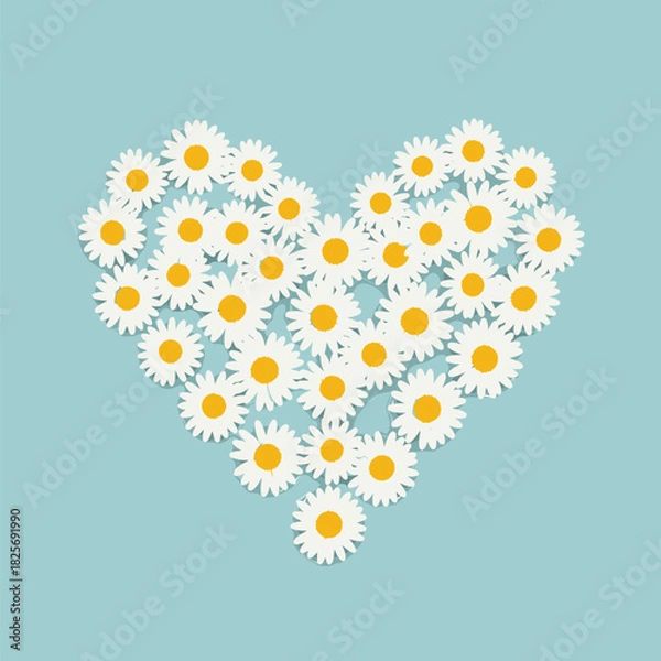 Obraz A charming illustration of a heart composed of many white daisies, each with a sunny yellow center, set against a pastel blue backdrop.