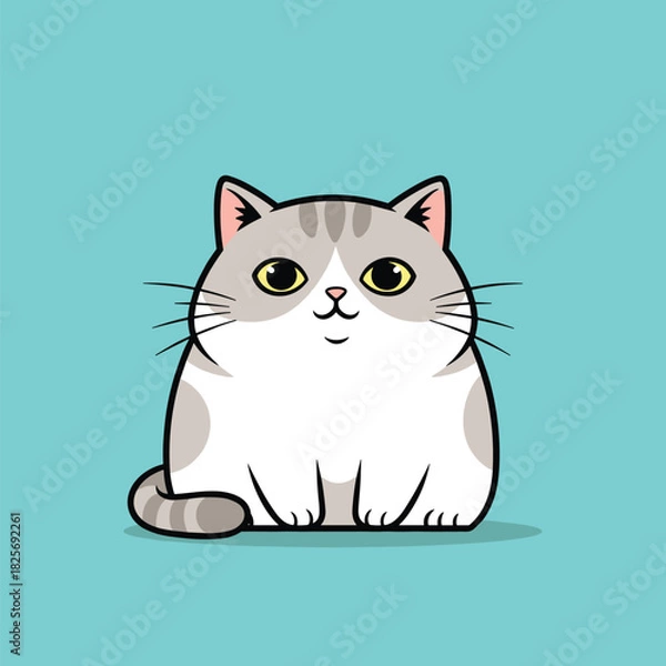 Obraz A charming, chubby, grey and white cartoon cat with bright yellow eyes is sitting happily and looking at the viewer on a simple teal background.