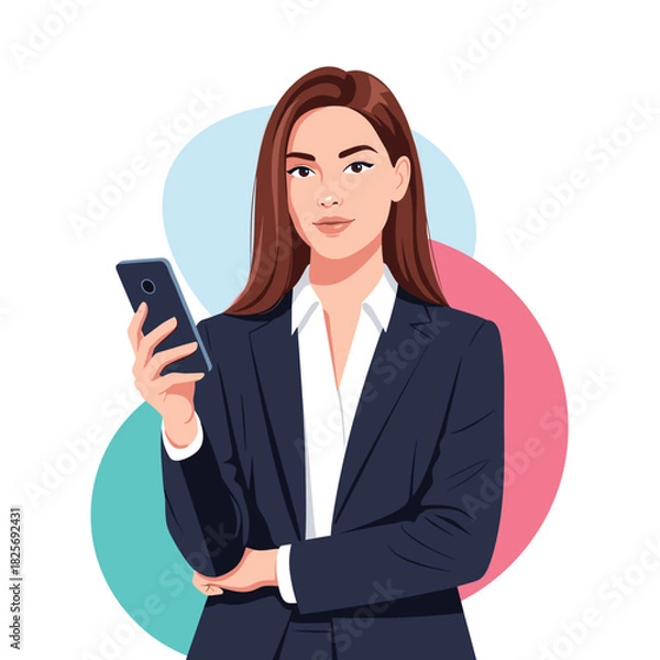 Obraz An elegant young businesswoman in a dark blue suit and white shirt holds a smartphone while looking directly at the viewer with a gentle smile.