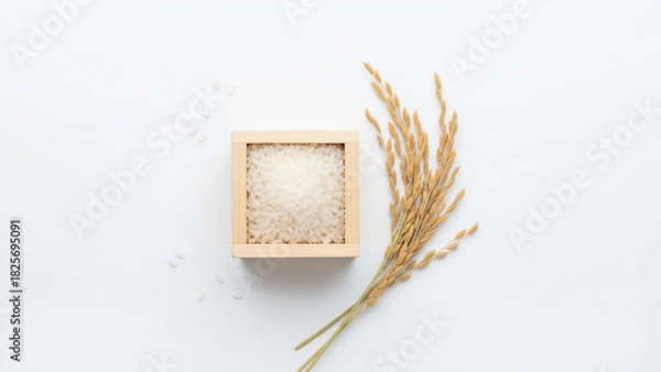 Obraz 新米・稲穂・升に入ったお米の和風素材、日本の食・秋の収穫イメージ、上からの構図、ナチュラルな雰囲気