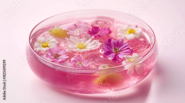 Fototapeta 可愛いお花で飾り付けたピンク色のゼリー