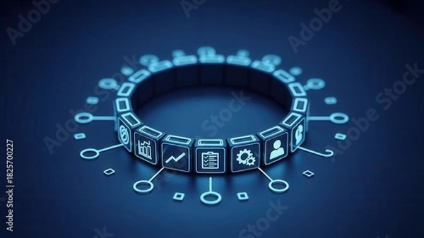 Fototapeta Digital interface elements form a glowing ring structure on a dark background