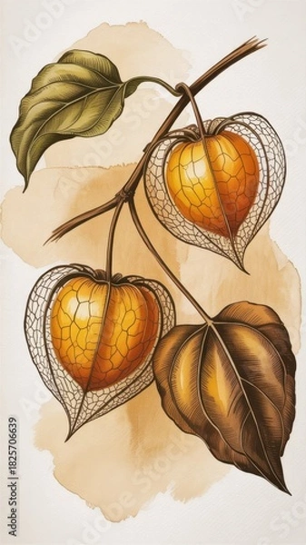 Obraz Botanical illustration featuring two physalis fruits with leaves on a branch, watercolor style
