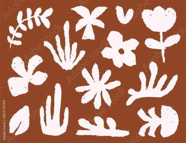 Obraz White organic botanical leaves and abstract flower shapes with linocut texture style on burnt orange background