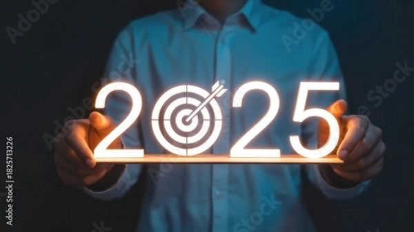 Fototapeta Business professional illuminates the year twenty twenty five target on a glowing platform held between both hands