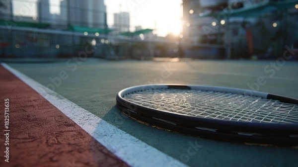 Obraz Tennis racket resting on court with city backdrop at golden hour light
