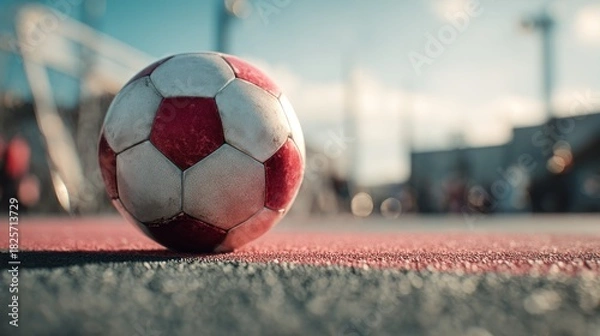Obraz Close-up of a red and white soccer ball on an outdoor playing field