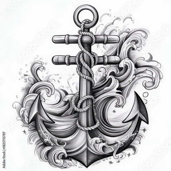 Obraz Detailed monochrome illustration of an anchor entwined with rope amidst stylized ocean waves art