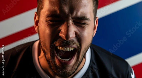 Fototapeta Sweaty man intensely yelling with passion against a patriotic flag background