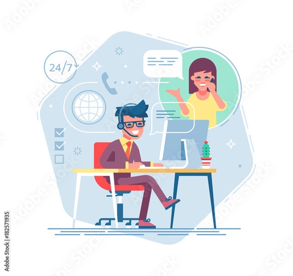 Fototapeta Happy male helpline operator with headset consulting a client. Online global tech support 24/7. Operator and customer. Technical support concept. Vector illustration in flat design.