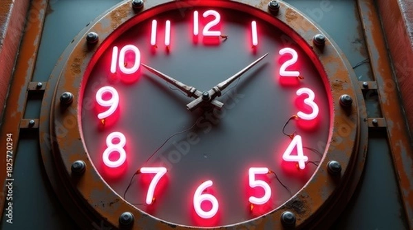 Obraz Close up of a vintage clock face with glowing red neon numbers