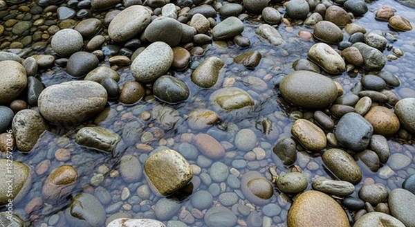 Fototapeta Smooth river rocks glistening under clear water create a calming scene