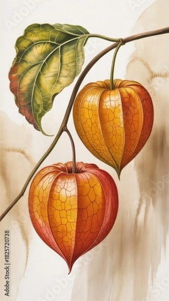 Obraz Botanical illustration of two physalis lanterns hanging from a branch with a single leaf