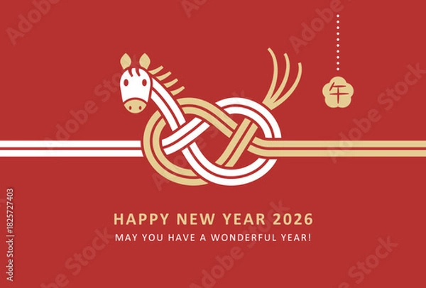 Obraz 2026年午年年賀状デザイン　かわいい馬の水引き　赤背景