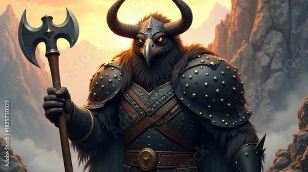 Obraz Fierce viking warrior in horned helmet holding an axe in a mountainous landscape