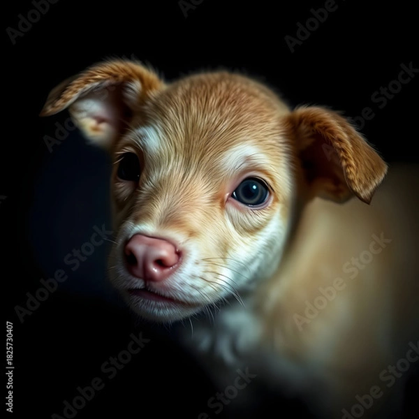 Fototapeta This image is a close-up, intimate portrait of a small, light brown puppy with soft fur and dark, expressive eyes. The puppy is looking directly at the viewer, conveying a sense of innocence and curio
