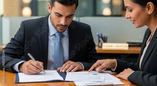 Obraz Indian Professional Completing Loan Agreement with Banking Officer