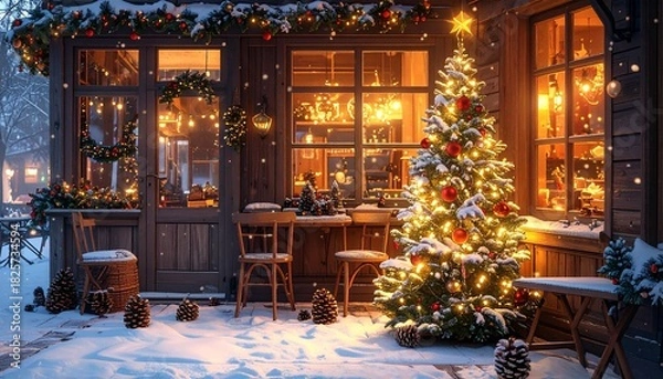 Fototapeta クリスマスのおしゃれなカフェ 雪景色の外観