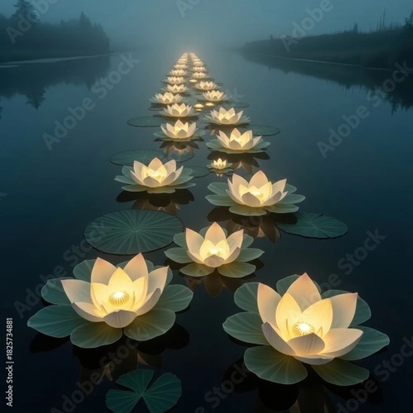 Obraz Floating lotus lanterns illuminate a serene waterway at dusk