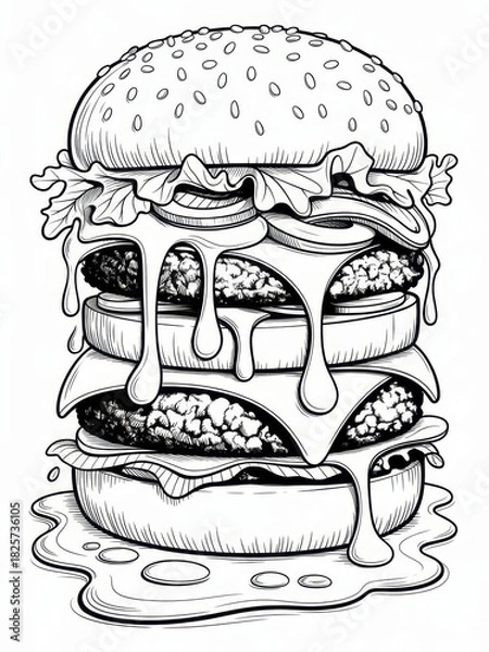 Obraz Detailed monochrome line art of a double cheeseburger with dripping cheese and fresh toppings
