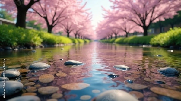 Obraz Serene river flowing through a park lined with blooming cherry blossom trees